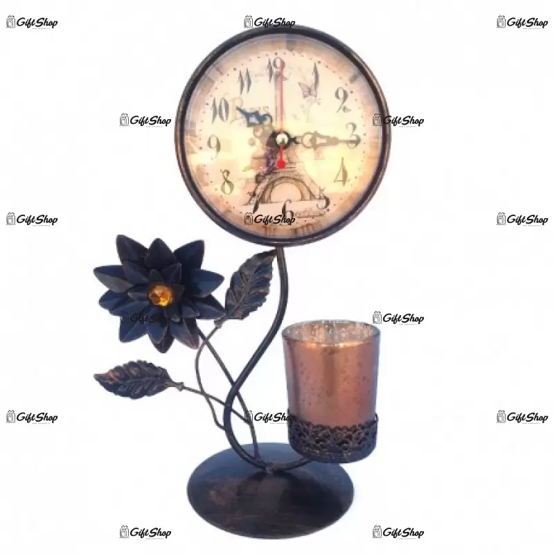 Sfesnic cu ceas din metal si suport pentru lumanare, model 871d