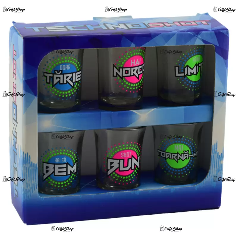 Techno, set 6 pahare pentru shot-uri in cutie decorativa