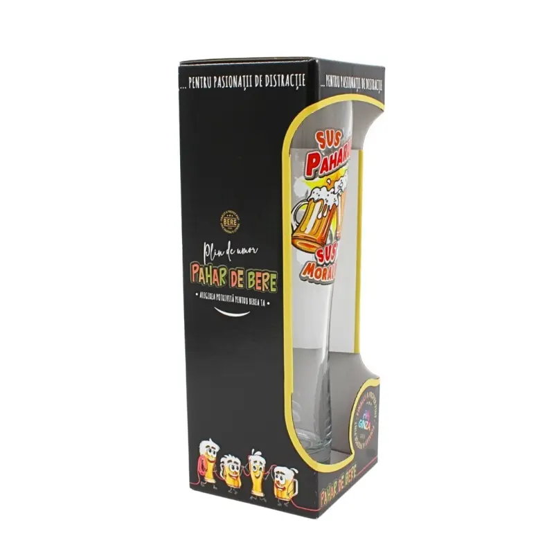 Sus paharul sus moralul, pahar bere cu mesaj