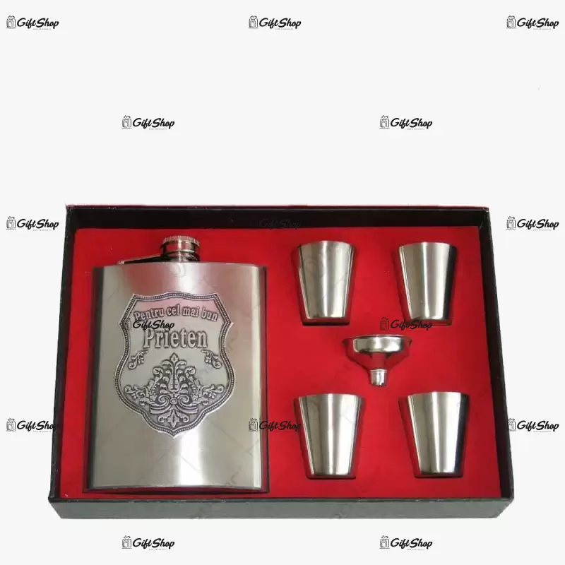 Pentru cel mai bun prieten, set plosca cu 4 pahare inox