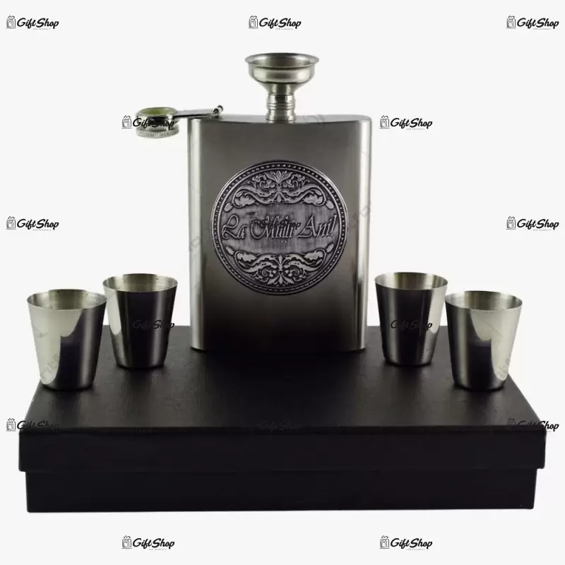 La multi ani, set plosca cu 4 pahare inox