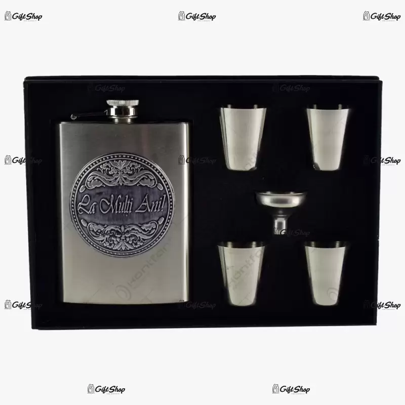 La multi ani, set plosca cu 4 pahare inox