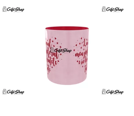 Cana rosie gift shop personalizata cu mesaj, locul meu preferat e in bratele tale, model 1, din ceramica, 330ml
