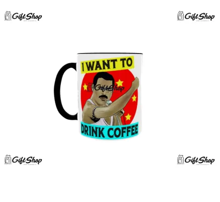 Cana neagra gift shop personalizata cu mesaj, I want to drink coffee, din ceramica, 330ml
