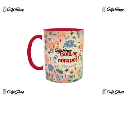 Cana rosie gift shop personalizata cu mesaj, boldog nőnapot, model 1, din ceramica, 330ml