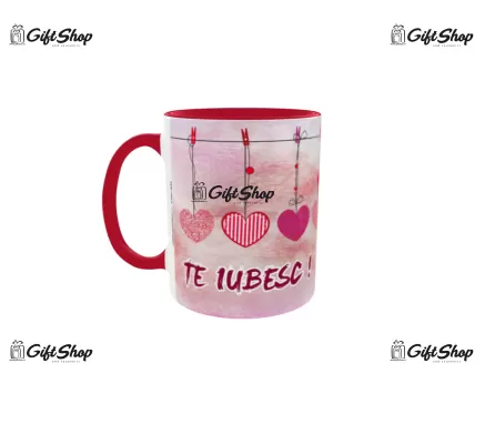 Cana rosie gift shop personalizata cu mesaj, te iubesc, model 1, din ceramica, 330ml