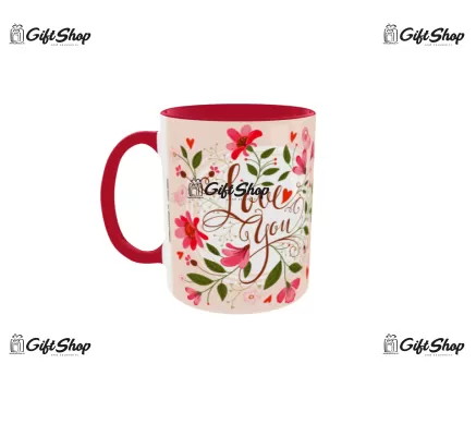 Cana rosie gift shop personalizata cu mesaj, love you, model 1, din ceramica, 330ml