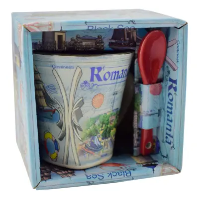 Cana din ceramica suvenir cu lingurita rosie, litoral romania, 90 ml, cu cutie decorativa