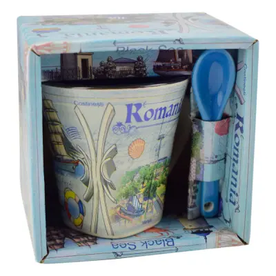 Cana din ceramica suvenir cu lingurita albaastra, litoral romania, 90 ml, cu cutie decorativa