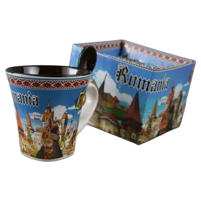 Cana din ceramica suvenir cu lingurita maro, castele romania, vlad tepes, 90 ml, cu cutie decorativa