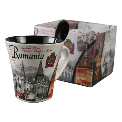 Cana din ceramica suvenir cu lingurita negru, stema romania, 90 ml, cu cutie decorativa