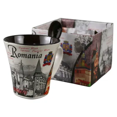 Cana din ceramica suvenir cu lingurita maro, stema romania, 90 ml, cu cutie decorativa
