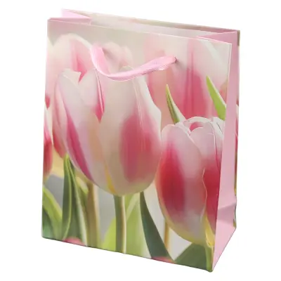 Punga cadou din hartie 11 x 14 cm, lalele roz