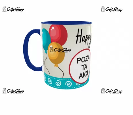 Cana personalizata gift shop cu 2 poze si text happy birthday, din ceramica, 330ml, model 3226
