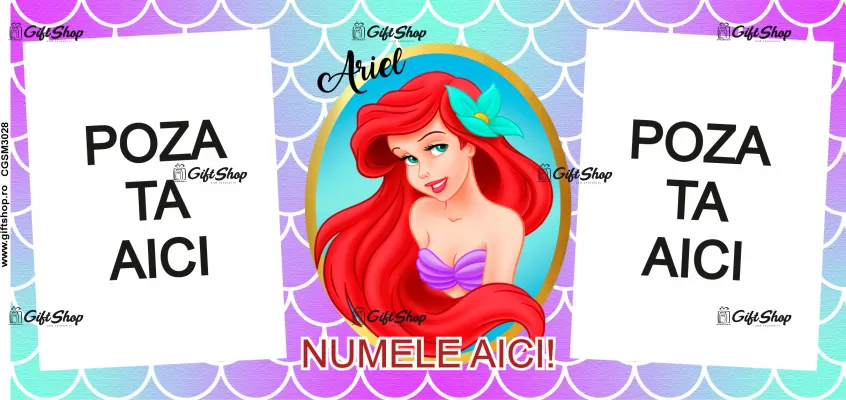 Cana personalizata gift shop cu 2 poze si 1 text, Ariel, model 3, din ceramica, 330ml