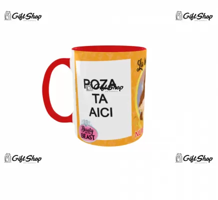 Cana personalizata gift shop cu 2 poze si 1 text, Beauty and the beast, model 10, din ceramica, 330m