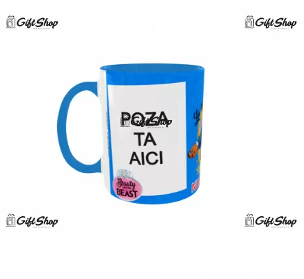 Cana personalizata gift shop cu 2 poze si 1 text, Beauty and the beast, model 12, din ceramica, 330m