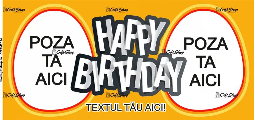 Cana personalizata gift shop cu 2 poze si text, Happy birthday, model 7, din ceramica, 330ml