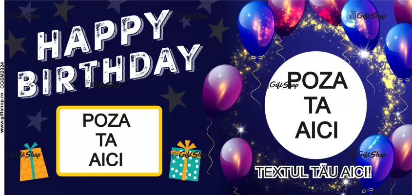 Cana personalizata gift shop cu 2 poze si text, Happy birthday, model 16, din ceramica, 330ml