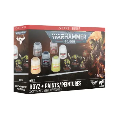 Orks boyz, games workshop, kit 3 miniaturi nepictate, 6 vopsele si 1 pensula, model 60-05